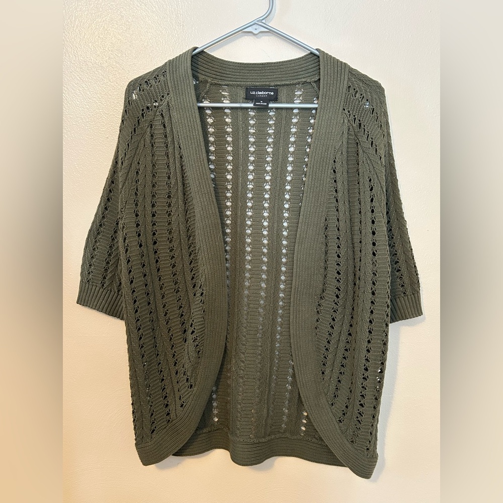 Liz Claiborne Open-Knit Short Sleeve Olive Green Cardigan
